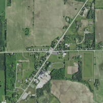 Cropped aerial view of Institute in the town of Sevastopol, Door County, Wisconsin 2020