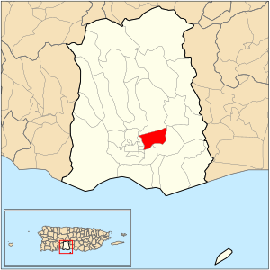 Location of barrio Machuelo Abajo within the municipality of Ponce shown in red