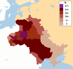 Map showing percentage of Jews in the Pale of Settlement and Congress Poland, c. 1905