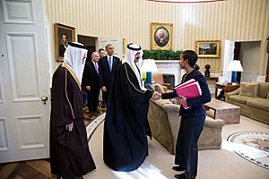 National Security Advisor Susan E. Rice greets Prince Mitib bin Abdallah bin Abd al-Aziz Al Saud, Saudi Arabia's Minister of the National Guard, prior to a meeting with President Barack Obama in the Oval Office