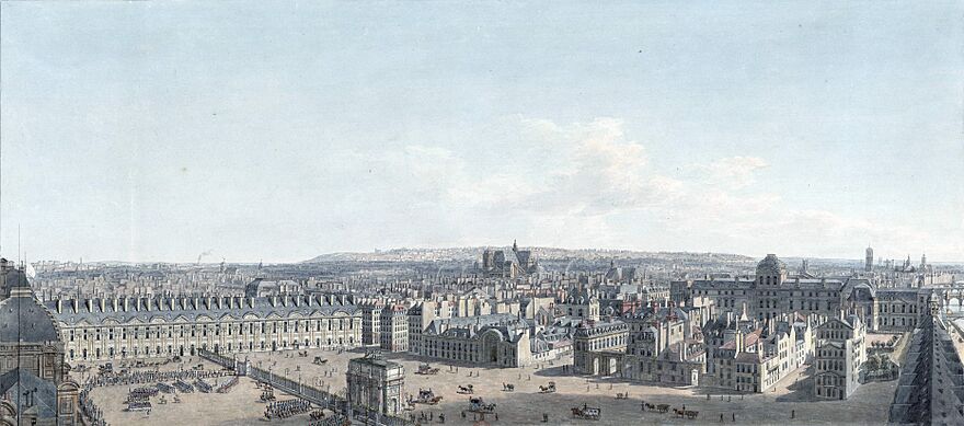 Panorama de Paris (Des Tuileries à la Grande Galerie du Louvre), dessin, BnF Destailleur Paris t1, 27 – Gallica 2013 (adjusted)