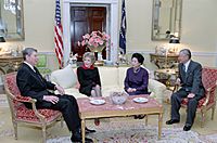 President Ronald Reagan and Nancy Reagan with Prime Minister Noboru Takeshita of Japan and Mrs Takeshita in the Yellow Oval Room