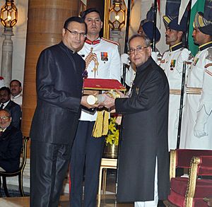 The President, Shri Pranab Mukherjee presenting the Padma Bhushan Award to Shri Rajat Sharma, at a Civil Investiture Ceremony, at Rashtrapati Bhavan, in New Delhi on March 30, 2015