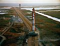 Aerial view of the Apollo 9 space vehicle on the way from the Vehicle Assembly Building to Pad A