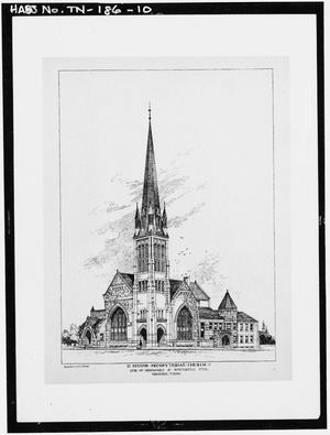 CUT OF THE CHURCH BUILDING AS IT APPEARED ON THE PRINTED PROGRAM OF THE JANUARY 1, 1893 DEDICATION SERVICE. - Second Presbyterian Church, Pontatoc Avenue and Hernando Street, HABS TENN,79-MEMPH,11-10