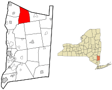 Left: Map of Duchess County, New York with Milan highlighted.Right: Map of New York State with Duchess County highlighted.