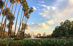 Echo Park, with the Downtown Los Angeles skyline in the background