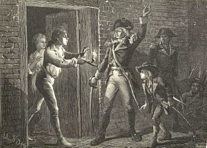 Ethan Allen wearing a military uniform, with his left hand raised and his right hand holding a sword, confronts a man holding a lit candle in the doorway of a stone building.