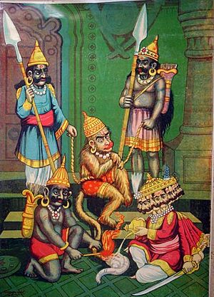 Hanuman then allows himself to be captured by Ravana, who sets his tail on fire; bazaar art, c.1910's