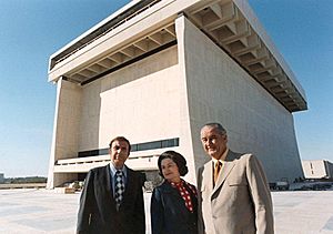 Harry Middleton, Lady Bird Johnson and Lyndon Johnson at the LBJ Library in Austin, Texas