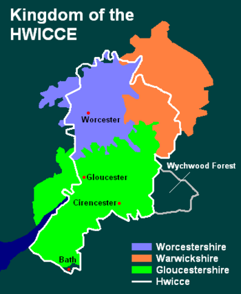 Kingdom of the Hwicce (with later counties). Wychwood Forest, a former Hwicce territory, had apparently been lost before 679.