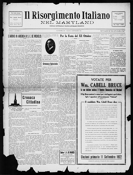 Il risorgimento italiano nel maryland 1922-09-09 cover