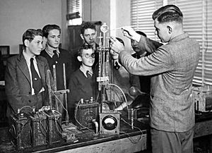 Industrial High School, Science Class, Demonstration of an electrolysis rig, April 1951