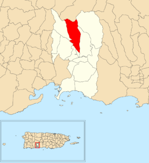 Location of Jaguas within the municipality of Peñuelas shown in red