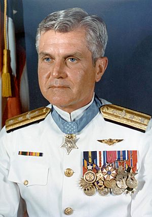 Formal portrait of Rear Admiral James B. Stockdale in full dress white uniform