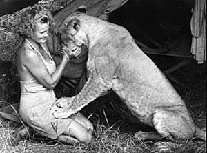 Joy Adamson with Elsa the lion, circa de 1958