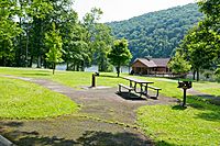 Laurel Hill State Park Lake, Lakeview Pavilion, and picnic area