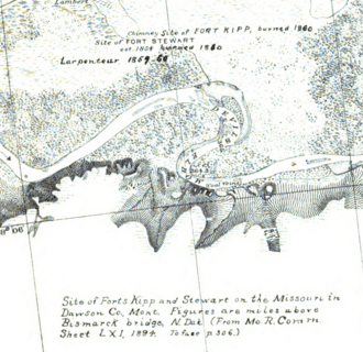 Map with site of Forts Kipp and Stewart in Montana