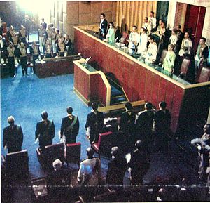 Mohammad-Reza Shah Pahlavi and the Royal Family at Persian Senate, Tehran, 1975.