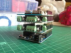 Multiple shields stacked on an Arduino board