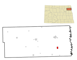 Location of Minto, North Dakota. (The upper map is the state of North Dakota with Walsh County in red; the lower map is Walsh County with Minto in red.)