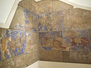 Parte della composizione a più registri della sala cerimoniale (blu), pendjikent, sett. VI, cam. 41, angolo n.o., 740 ca.