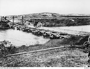 Pontoon type bridge over the Wady el Auja four miles north east of Jaffa Palestine AWM H10619 1917