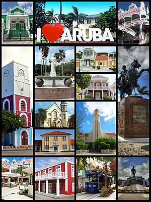 Clockwise: Townhall, I Love Aruba sign, Royal Plaza, Plaza Simon Bolivar, Plaza Betico Croes, Tram in center of the town, Census Building, Plaza Daniel Leo, Willem III tower. Center clockwise: Wilhelmina Park, Archeological Museum, Ecury House, Protestant church, Aruban Courthouse, San Francisco church