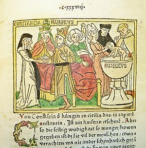 Woodcut illustration of Constance of Sicily, her husband HRE Henry VI and her son HRE Frederick II - Penn Provenance Project