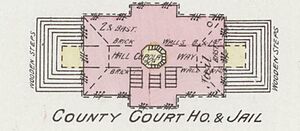 "County Court Ho. & Jail" (County Courthouse and Jail) in January 1887 map detail, Sanborn Fire Insurance Map from San Bernardino, San Bernardino County, California. LOC sanborn00805 002-6 (cropped)
