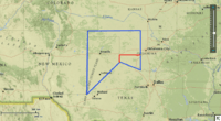 Map showing 1865 Kiowa-Comanche-Apache reservation boundary (in blue) and reduction in 1867 (in red)