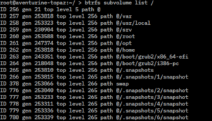 Btrfs subvolume list screenshot