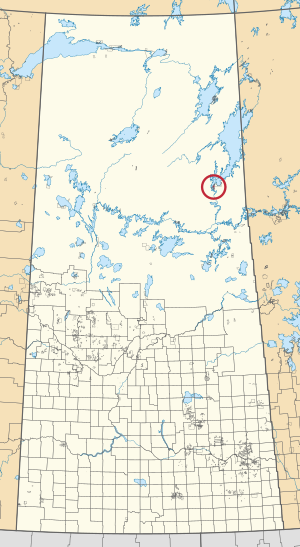 A map of the province of Saskatchewan showing 297 rural municipalities and hundreds of small Indian reserves. One is highlighted with a red circle.