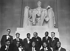 Civil Rights March on Washington, D.C. (Leaders of the march posing in front of the statue of Abraham Lincoln... - NARA - 542063 (cropped)