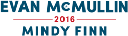 McMullin's campaign logo, with the name "EVAN MCMULLIN" in large blue letters on top, the number "2016" breaking a red horizontal line in the middle, and the name "MINDY FINN" in smaller blue letters on bottom