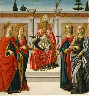 Francesco Botticini - St. Nicolas and Sts. Catherine, Lucy, Margaret and Apollonia - Google Art Project