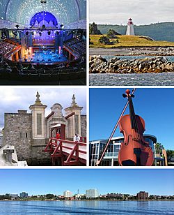 Montage of CBRM sites, clockwise from top left - Highland Arts Theatre, Gabarus Light House, Gate at Fortress Louisbourg, Big Fiddle, Sydney Waterfront.