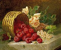 Overturned basket with raspberries, white currants and roses - E H Stannard