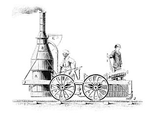 a line drawing of an upright-boiler attached to a four-wheeled platform