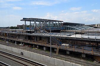 Platform F construction from AirTrain, August 2019