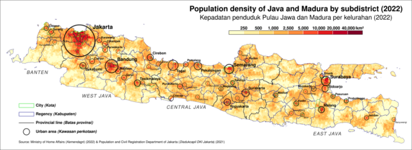 Population density map of Java and Madura by subdistrict (kelurahan) (2022)
