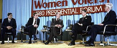 Republican Debate with Ronald Reagan, Philip Crane, George Bush and John Anderson with moderator Eric Sevareid in Chicago, Illinois (cropped)
