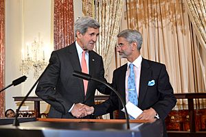 Secretary Kerry Shakes Hands With Indian Ambassador Dr. S. Jaishankar