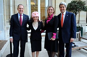 Spokesperson Psaki Poses in a New Hat With Russian Counterpart and Their Respective Bosses (11930586556)