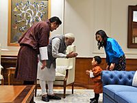 The King of Bhutan, His Majesty Jigme Khesar Namgyel Wangchuck, the Bhutan Queen, Jetsun Pema Wangchuck and Crown Prince meeting the Prime Minister, Shri Narendra Modi, at 7, Lok Kalyan Marg, in New Delhi