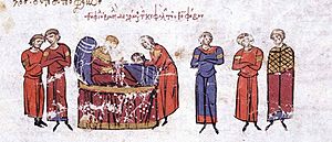 The head of Theophobos is brought to Emperor Theophilos on his deathbed