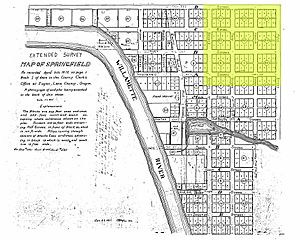 1872 map of Springfield, Oregon, showing future site of Washburne Historic District