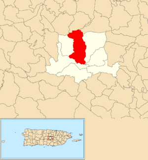 Location of Barrancas within the municipality of Barranquitas shown in red