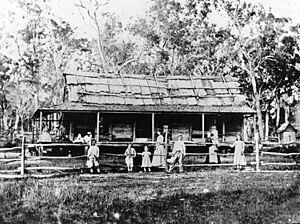 Family outside a homestead at Ormeau, ca. 1875 (5013789858)