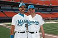 Governor Chiles, right, with Florida Marlins catcher Benito Santiago at Joe Robbie Stadium